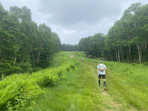 スキー場を竜王山山頂近くまで登り返す